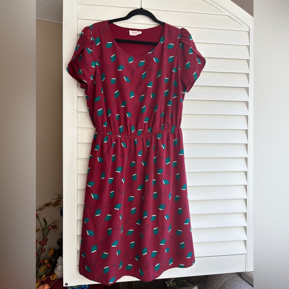 Peach Love California Burgundy Book and Glasses Print Dress